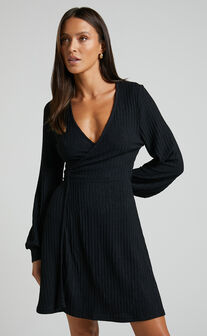Precila Dress - Long Sleeve Rib Wrap Mini Dress in Black