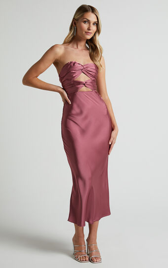 Madelynn Midaxi Dress - Twist Front Satin Dress in Plum