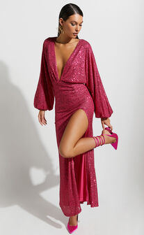 Arlington Midaxi Dress - Sequin Long Sleeve Dress in Hot Pink