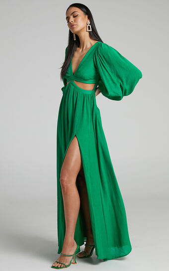 Paige Side Cut Out Balloon Sleeve Maxi Dress in Green