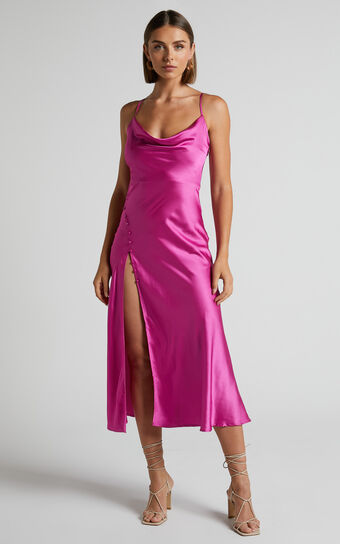 Flordeliza Thigh Slit Midi Slip Dress in Pink | Showpo USA