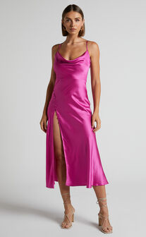 Flordeliza Midi Dress - Cowl Neck Thigh Slit Slip Dress in Pink