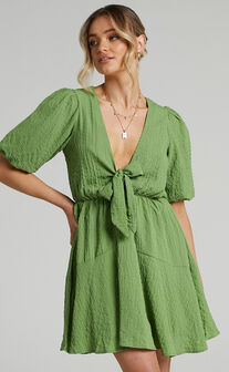 Rosalei Puff Sleeve Tie Front Mini Dress in Green