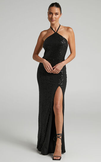 Chezzale Diamond Halter Sequin Maxi Dress in Black