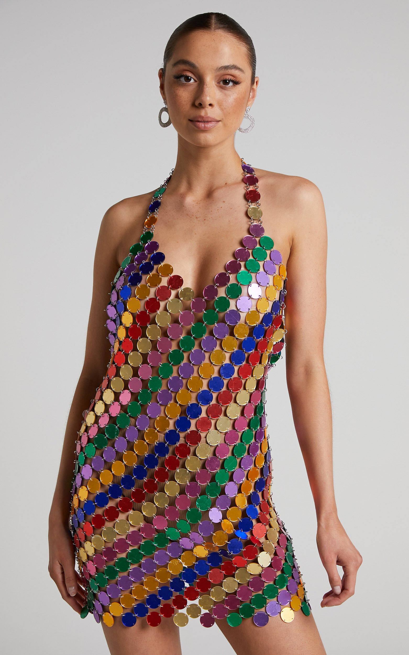 Jasleen Mini Dress - Circle Disc Sequin Halter Dress in Multi - OneSize, MLT1, super-hi-res image number null