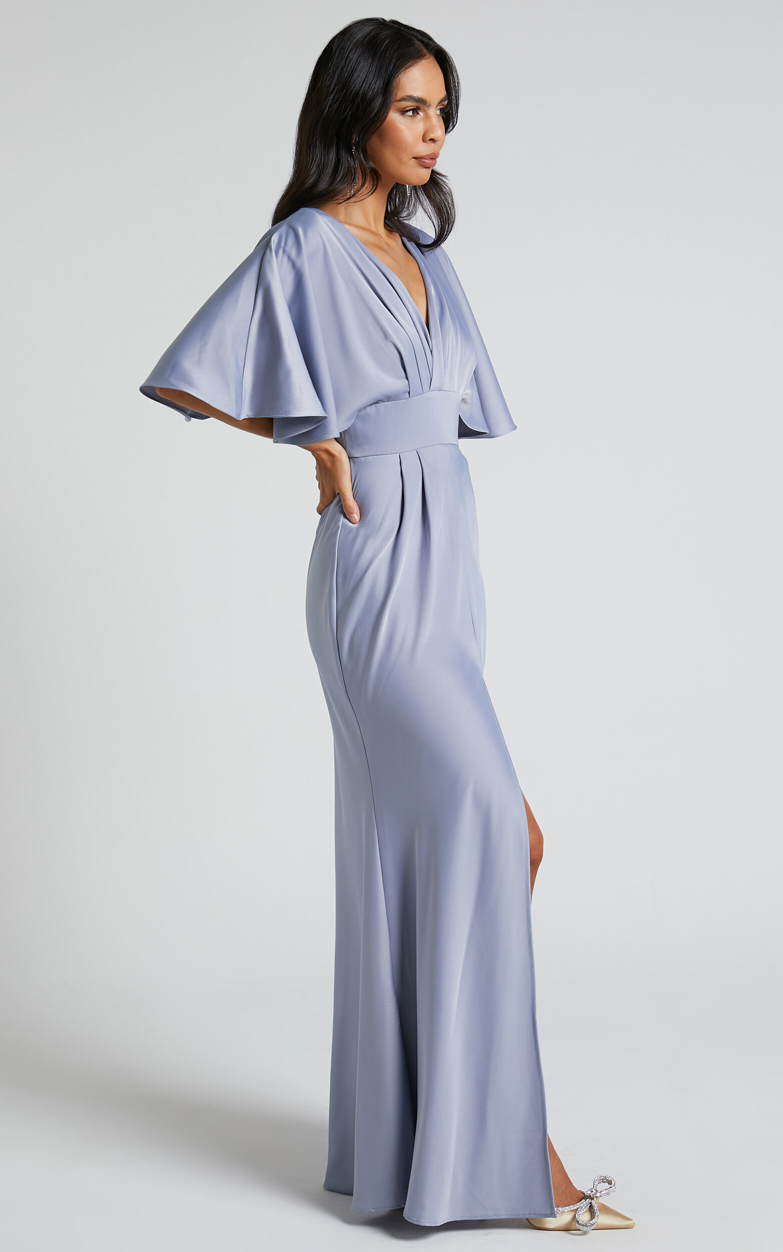 Gemalyn Midi Dress - Angel Sleeve V Neck Split Dress in Sky Blue ...