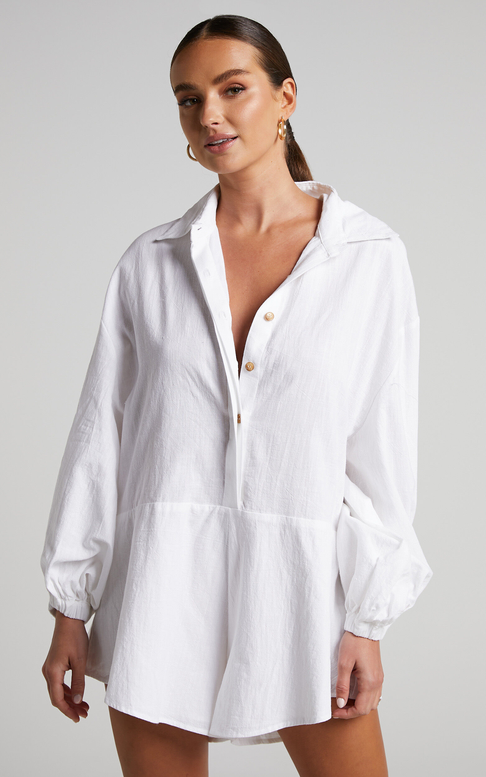 Anka Playsuit - Relaxed Button Front Shirt Playsuit in White - 04, WHT1, super-hi-res image number null