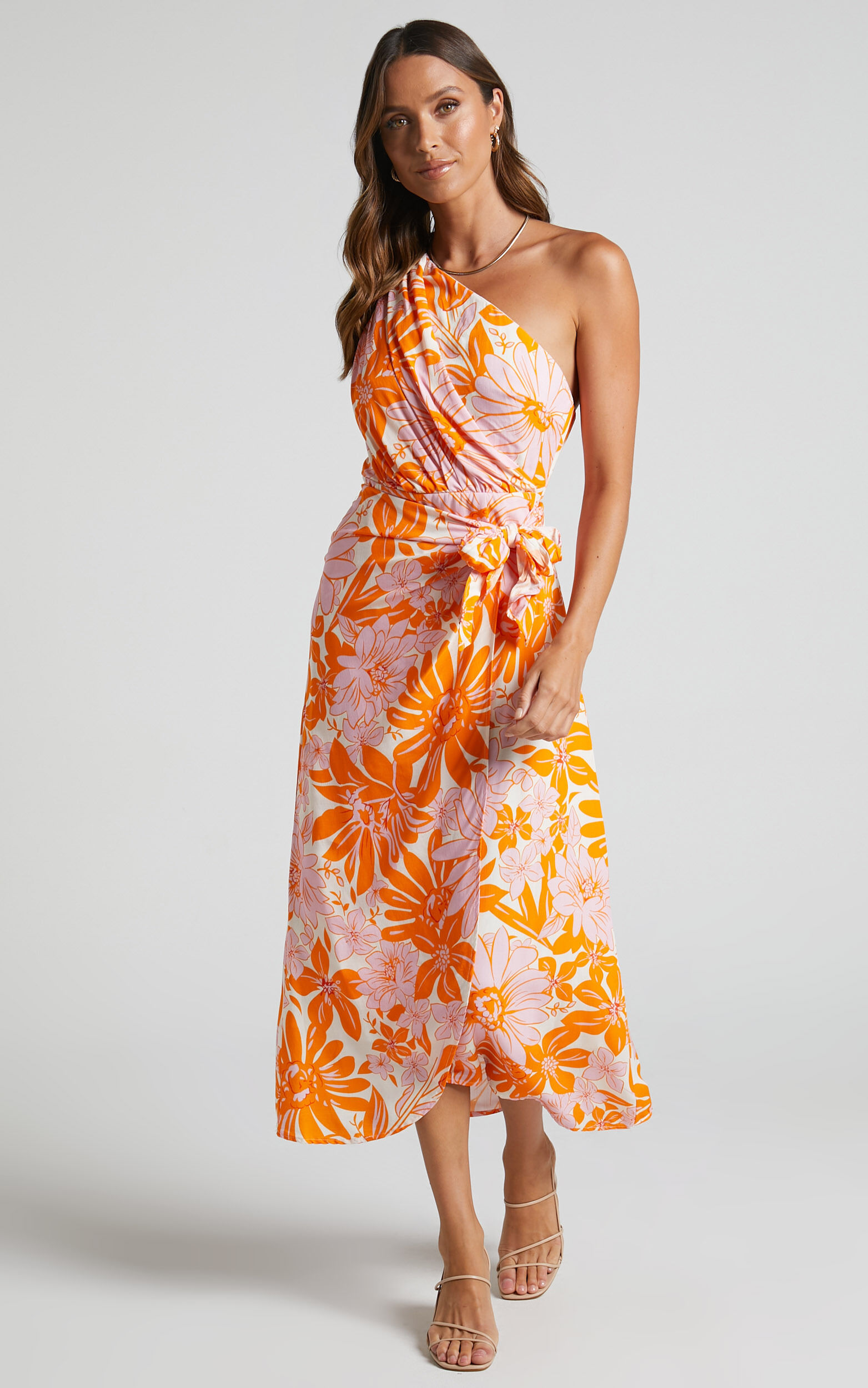 Khalia Midi Dress - Asymmetrical One Shoulder Wrap Dress in Orange Floral - 06, ORG1, super-hi-res image number null