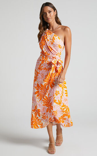 Khalia Midi Dress - Asymmetrical One Shoulder Wrap Dress in Orange Floral