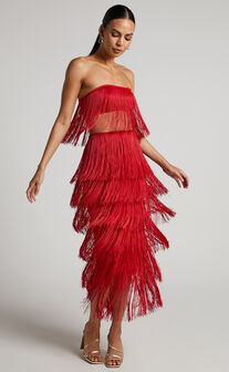 Amalee Two Piece Set - Fringe Strapless Crop Top and Midaxi Skirt Set in Red