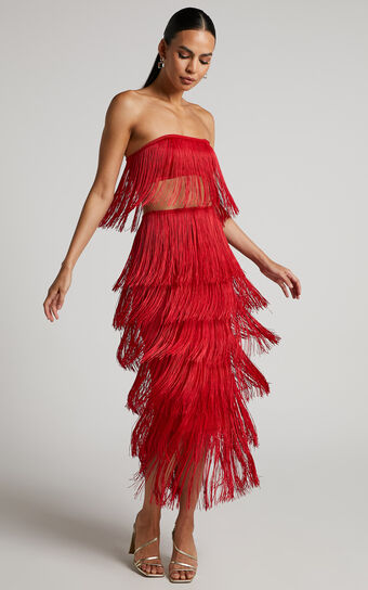 Amalee Fringe Strapless Crop Top and Midi Skirt Two Piece Set in Red