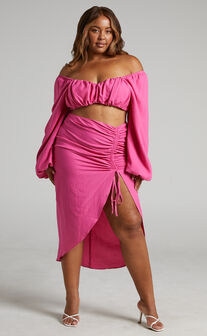 Shamir Balloon Sleeve Crop Top and Ruched Split Midi Skirt in Hot Pink