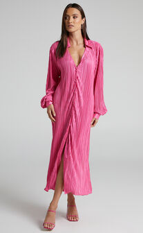 Donelli Midi Dress - Plisse Oversized Collared Shirt Dress in Pink