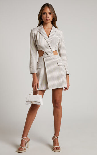 Romlene Blazer Dress - Cut Out Mini Blazer Dress in Natural Stripe