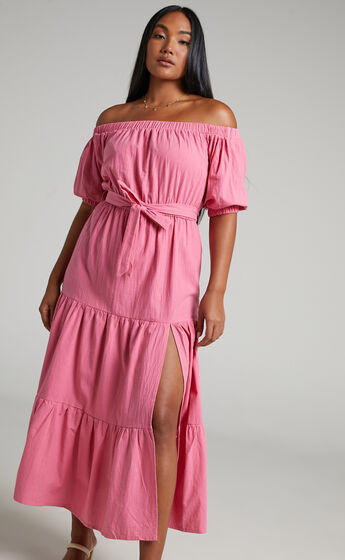 Leora off the shoulder tiered maxi dress in Pink