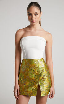 Brailey Mini Skirt - Split Jacquard Skirt in Lime