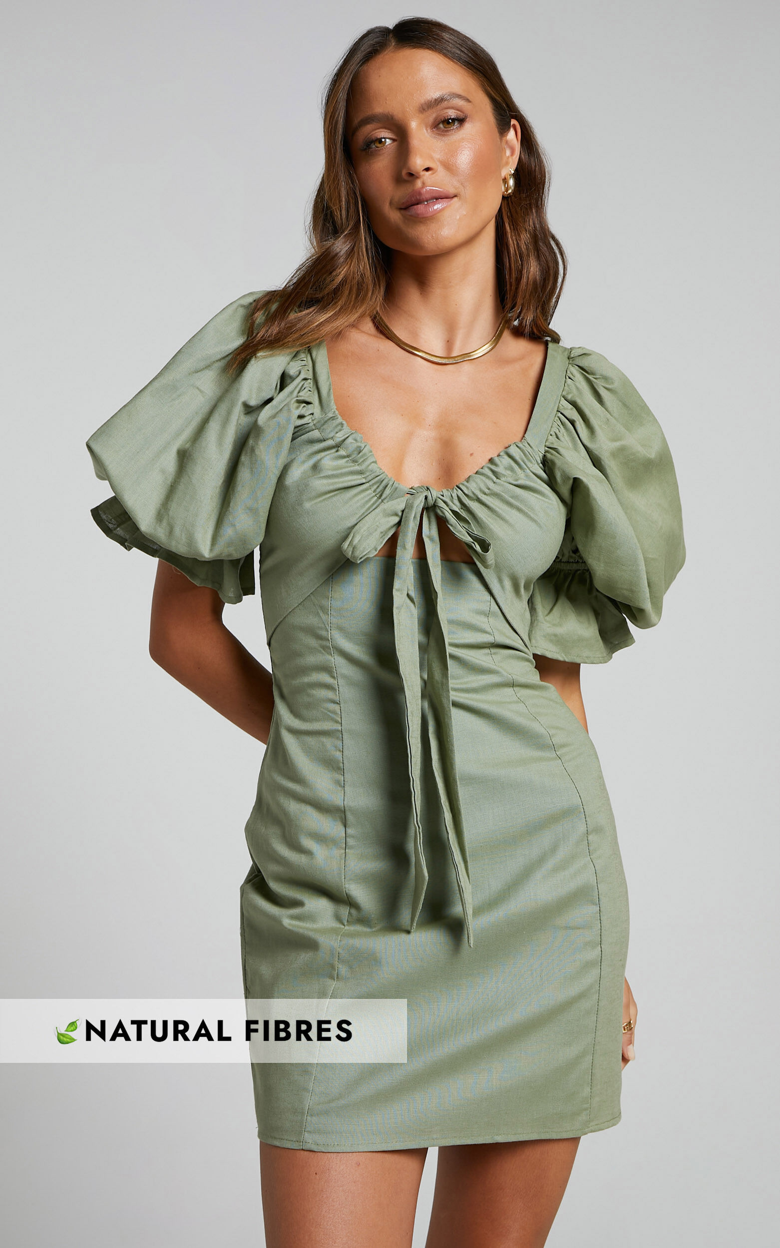 Amalie The Label - Dessie Tie Front Open Back Puff Sleeve Mini Dress in Khaki - 06, GRN1, super-hi-res image number null