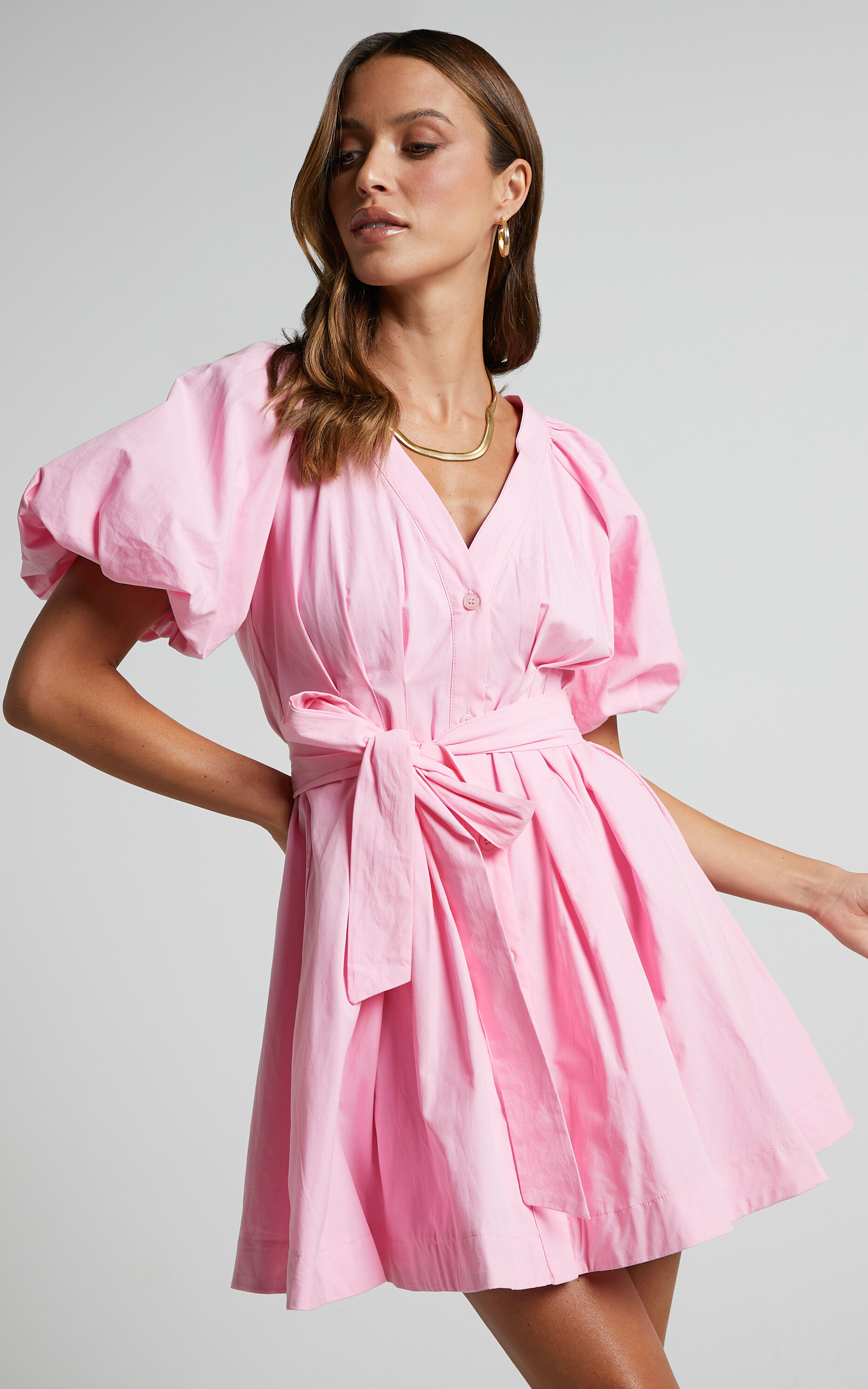 Vianne Puff Sleeve Button Up Pleated Mini Dress in Pink - 06, PNK1, super-hi-res image number null