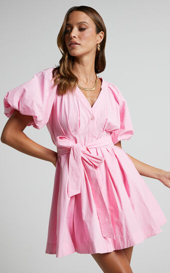 Vianne Puff Sleeve Button Up Pleated Mini Dress in Pink
