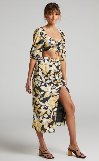 Amalie The Label - Amabel Linen Crop Top and Midi Skirt Two Piece Set in Black Floral