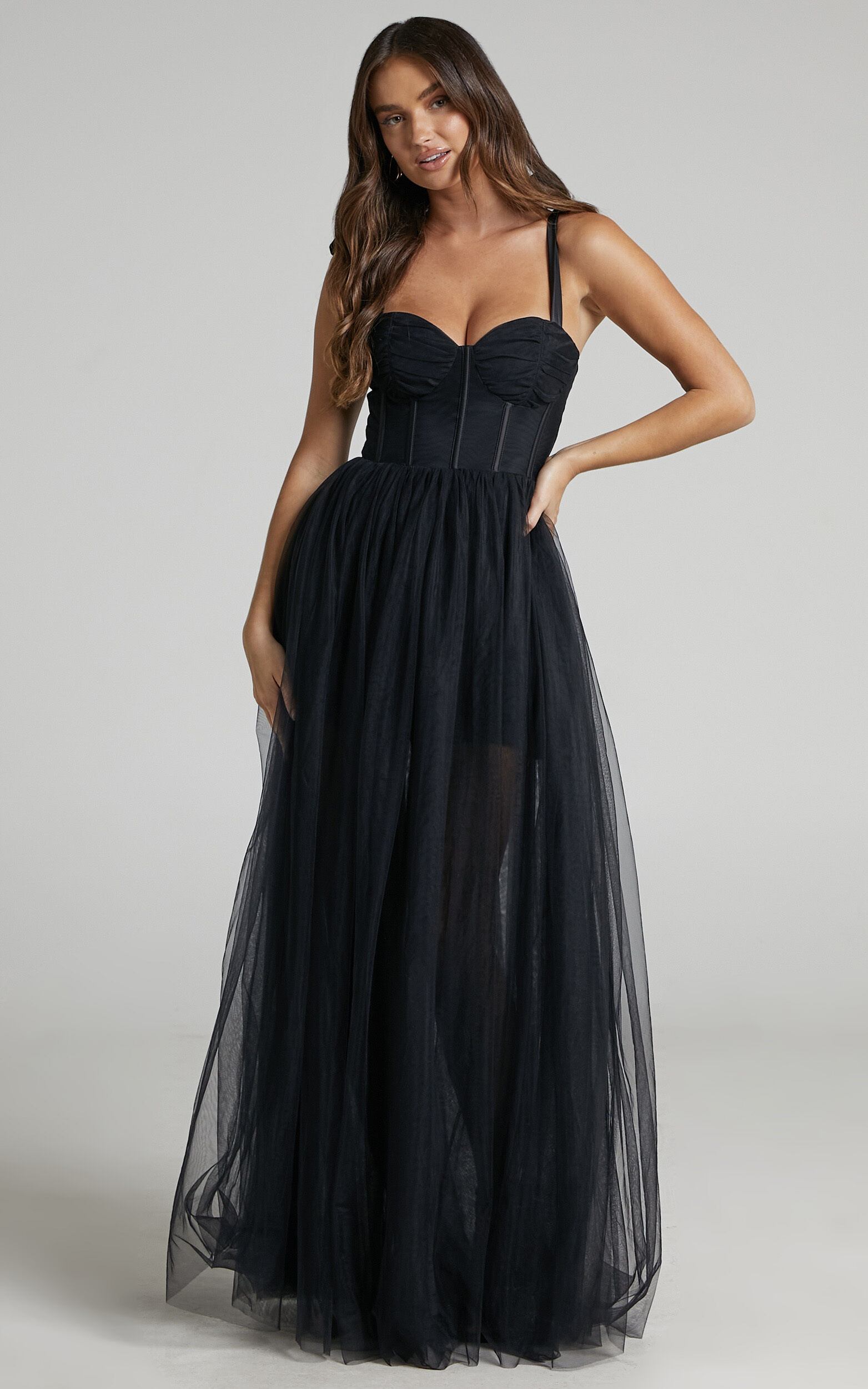 Emmary Bustier Bodice Tulle Gown in Black | Showpo