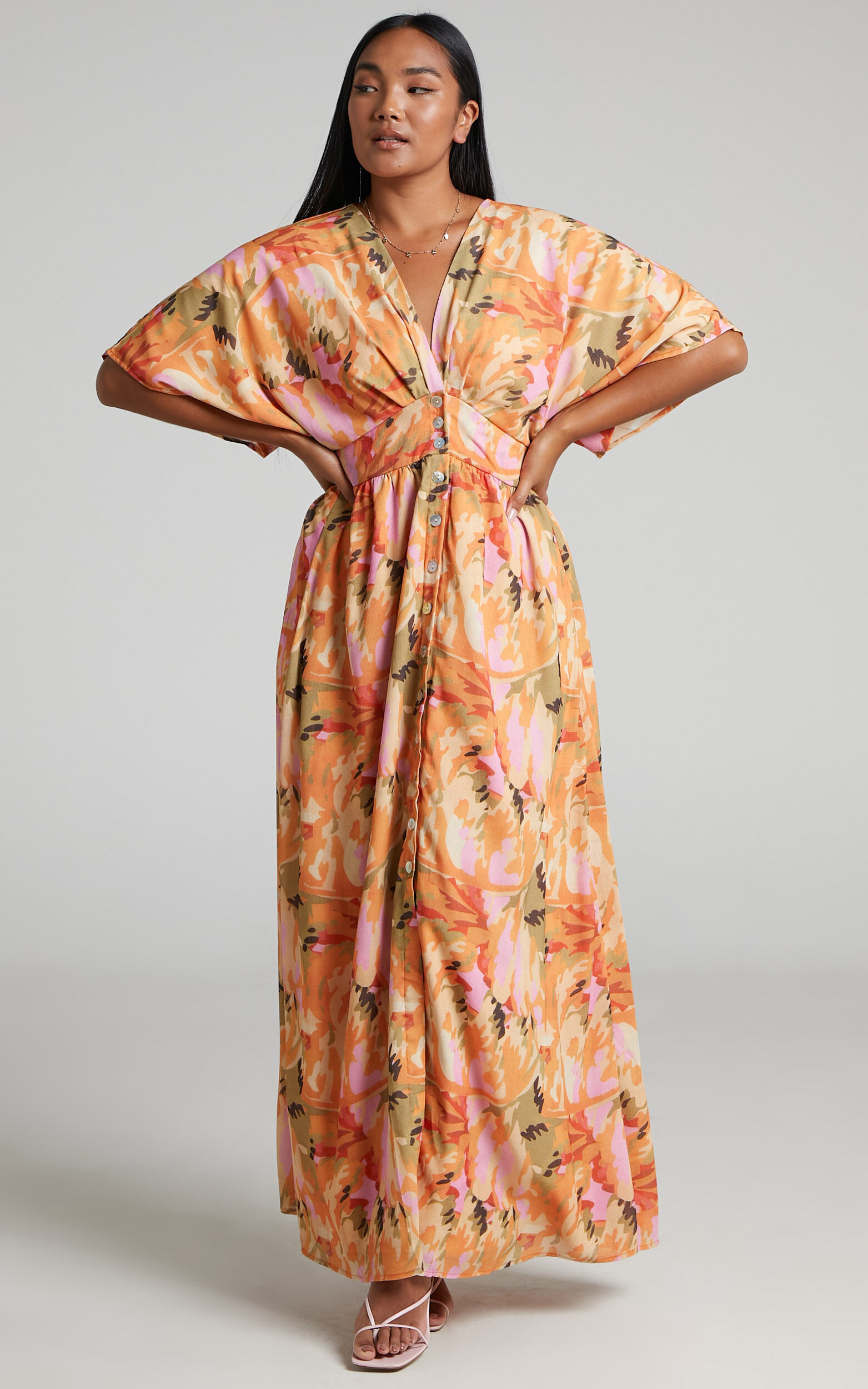 Heira Flutter Sleeve Button Down Maxi Dress in Palm Print - 06, MLT1, super-hi-res image number null