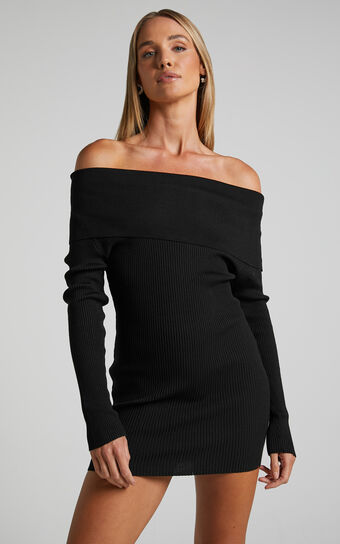Malika The Shoulder Long Sleeve Knit Mini Dress in Black