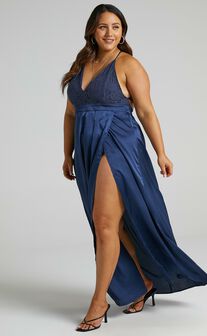 Inspired Tribe Plunge Neckline Thigh Split Maxi Dress in Navy