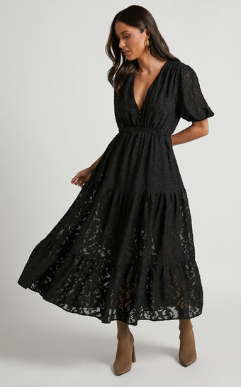 Elpina Midaxi Dress - Button Through Tiered Shirt Dress in Black