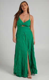 Marisse Maxi Dress - Cut Out Front Split Cross Back Textured Dress in Green