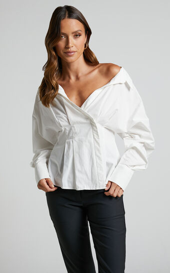 Elenina Shirt - Long Sleeve Pleat Waist Shirt in White
