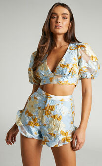 Brailey Puff Sleeve Crop Top in Blue & Yellow Jacquard
