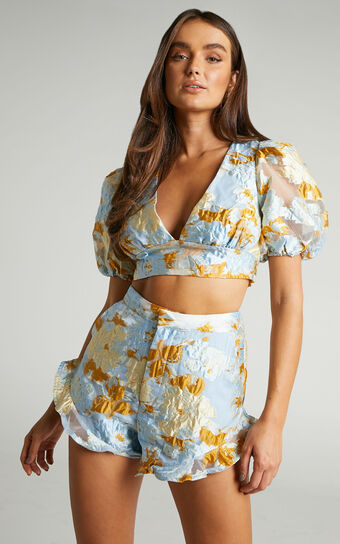 Brailey Top - Puff Sleeve Crop Top in Blue & Yellow Jacquard