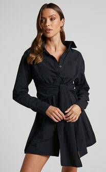 Macie Mini Dress - Tie Front Shirt Dress in Black