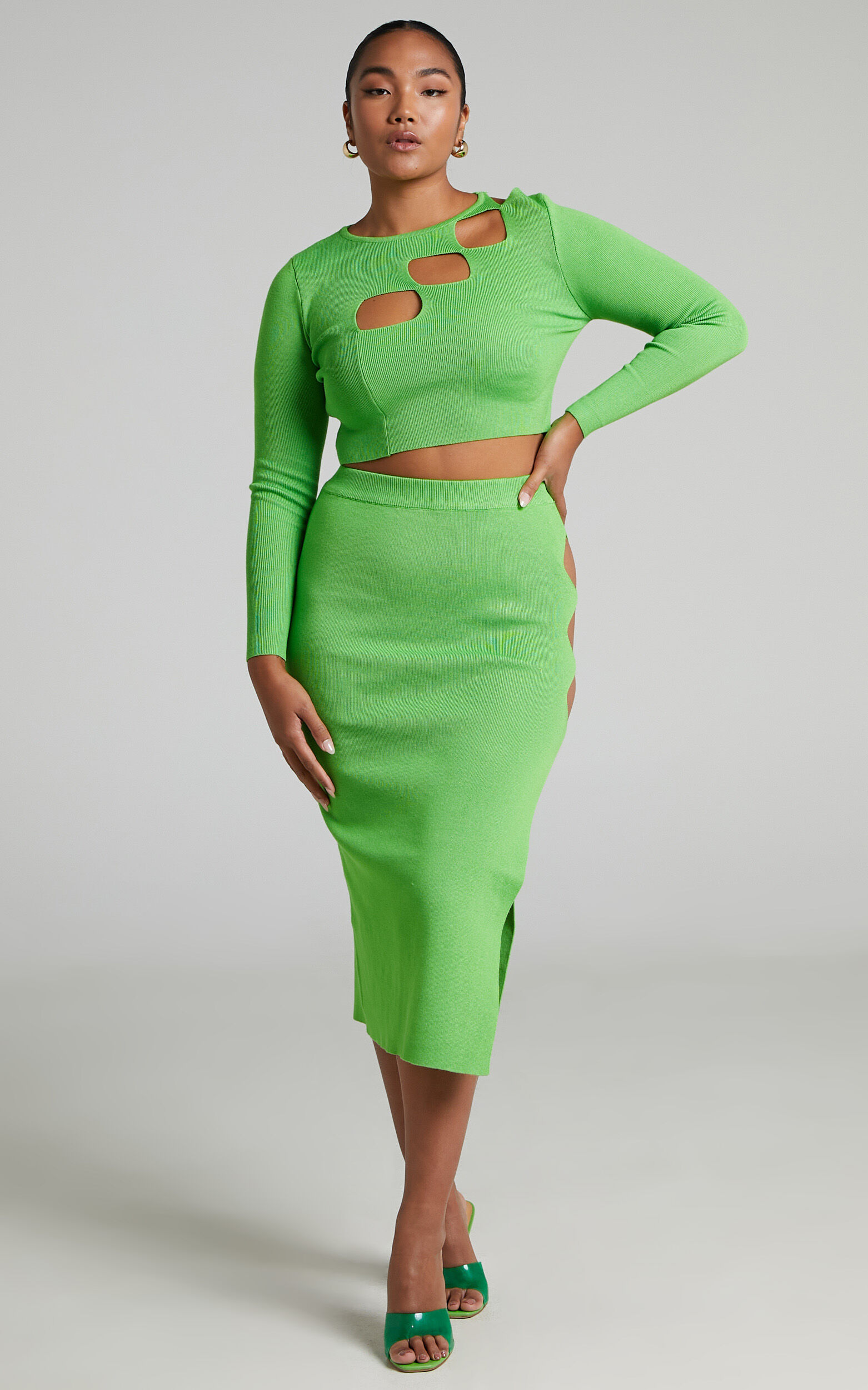 Clymene Cut Out Long Sleeve Crop Top and Midi Skirt Two Piece Set in Lime - 06, GRN1, super-hi-res image number null