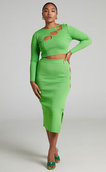 Clymene Cut Out Long Sleeve Crop Top and Midi Skirt Two Piece Set in Lime