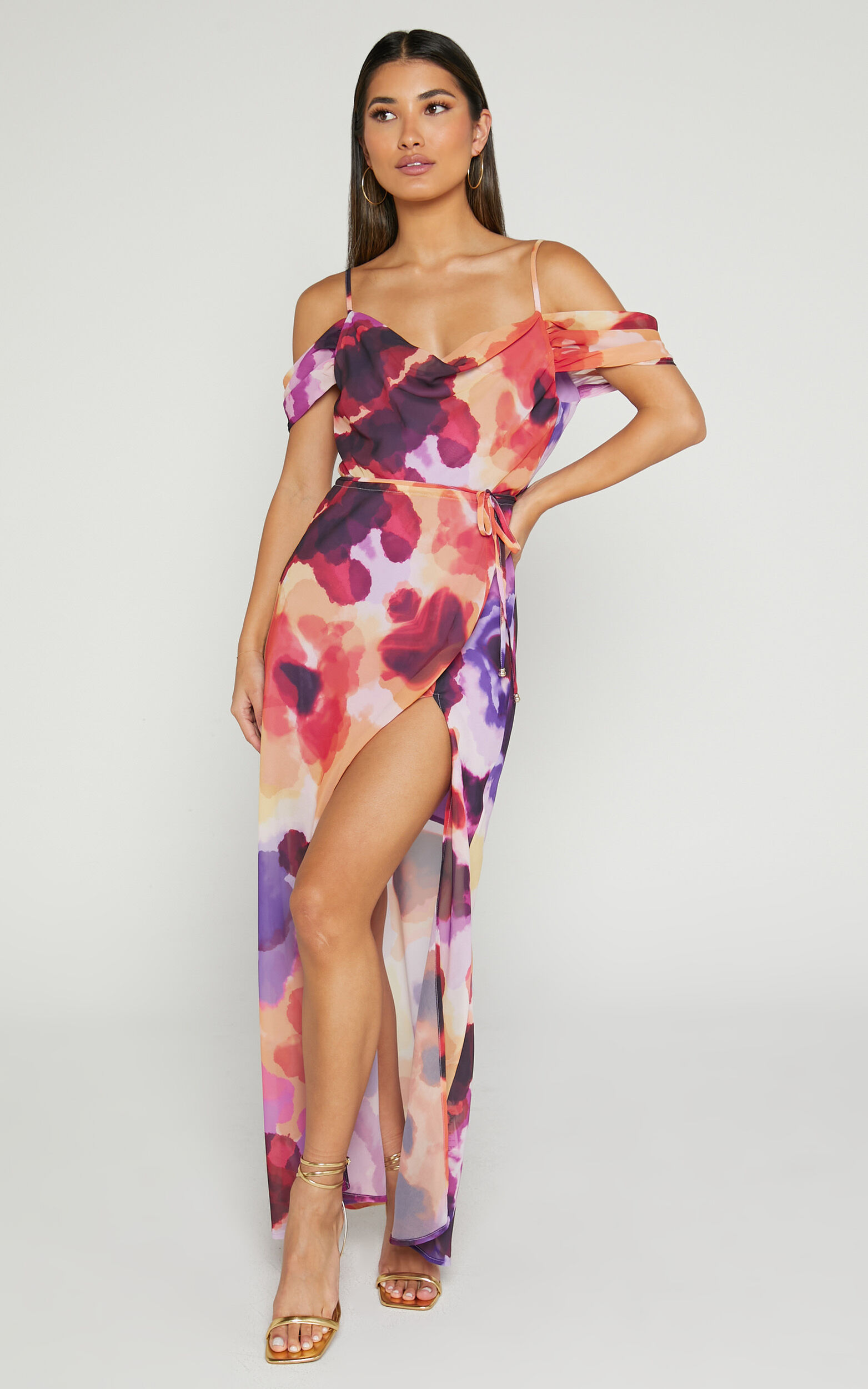 Keira Midaxi Dress - Draped Off the Shoulder Dress in Watercolour Floral - 04, ORG1