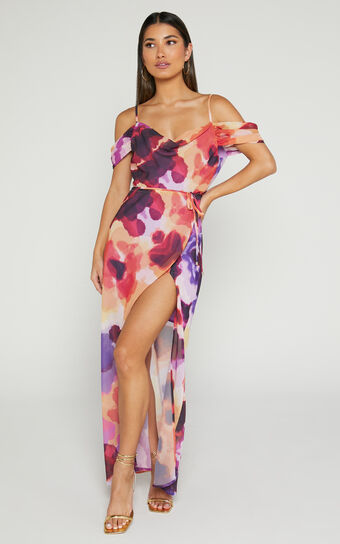 Keira Midaxi Dress - Draped Off the Shoulder Dress in Watercolour Floral
