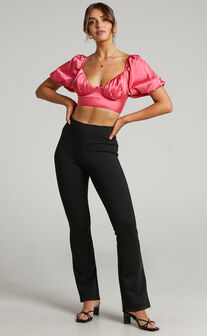 Joaquin Cropped Top with Underbust Wire and Puff Sleeves in Bubble Gum Pink Satin
