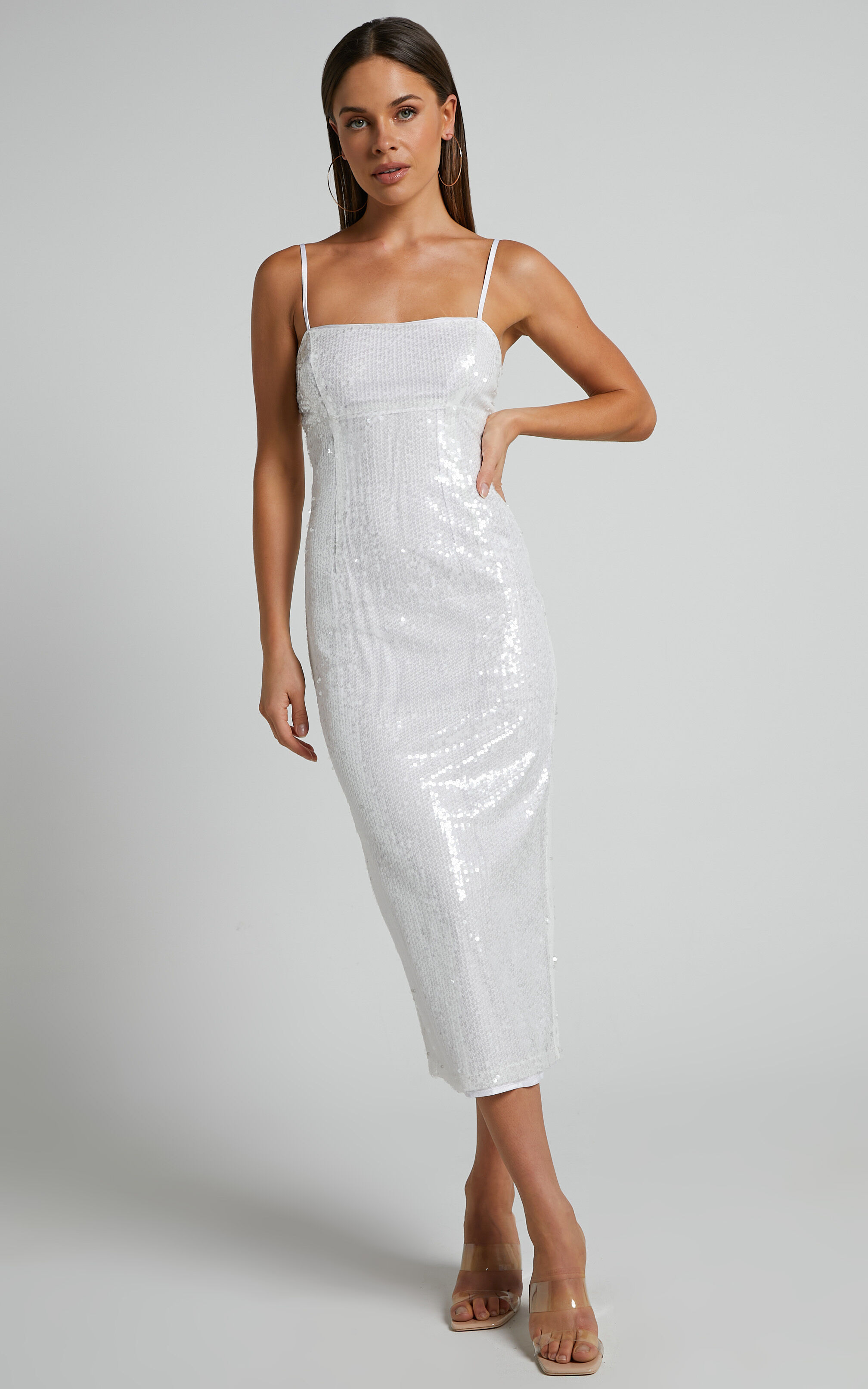 Gween Clear Sequin Sheer Midi Dress in White - 06, WHT1, super-hi-res image number null
