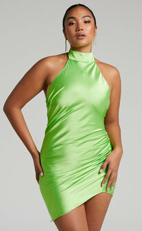 Kristelle Low Back Halter Mini Dress in Lime