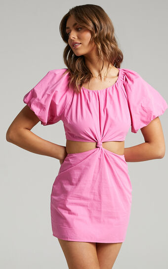 Hyacinth Puff Sleeve Mini Dress with Twist Front in Pink