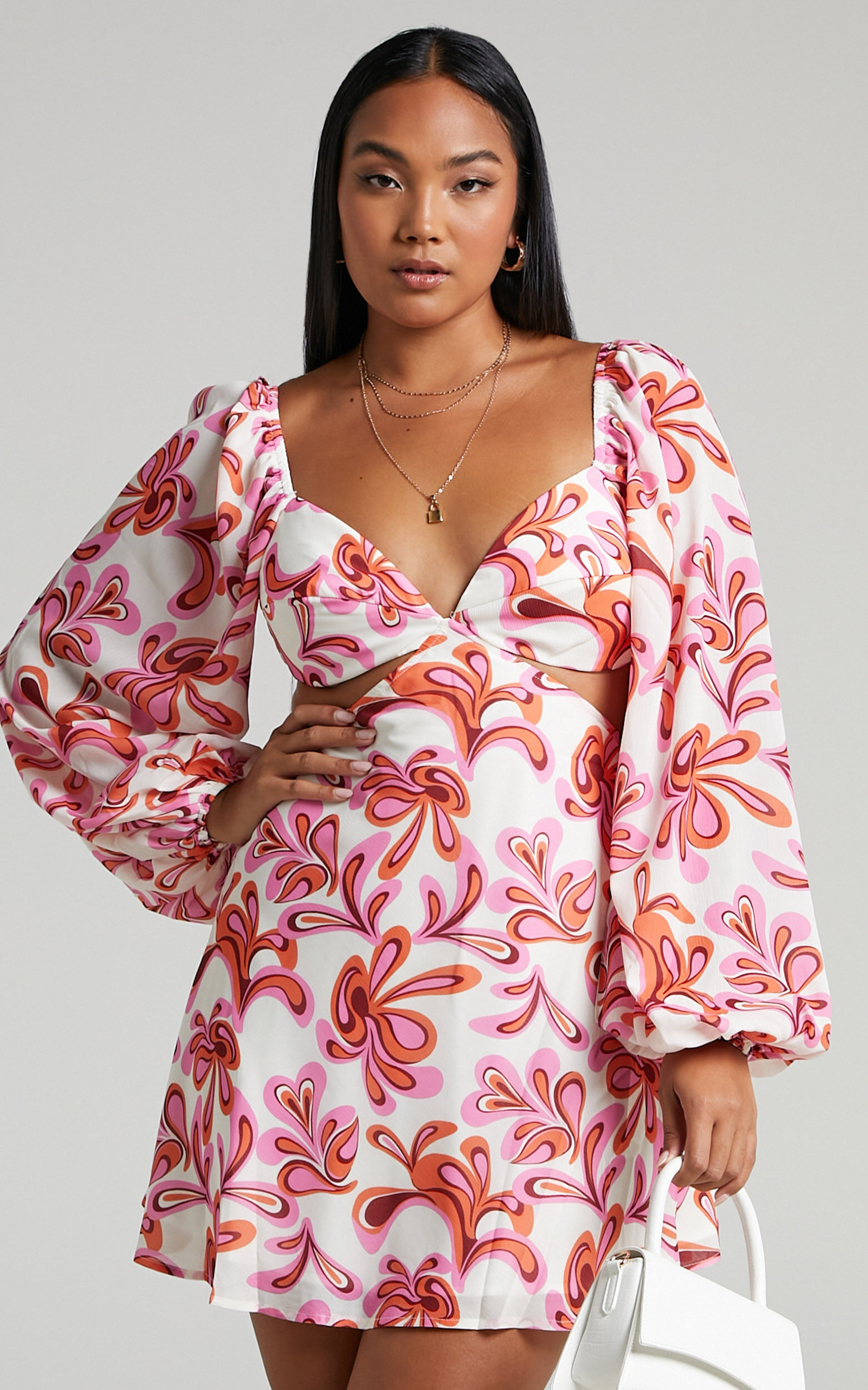 Frederica Tie Back Long Sleeve Mini Dress in Pink Swirl - 06, MLT2, super-hi-res image number null