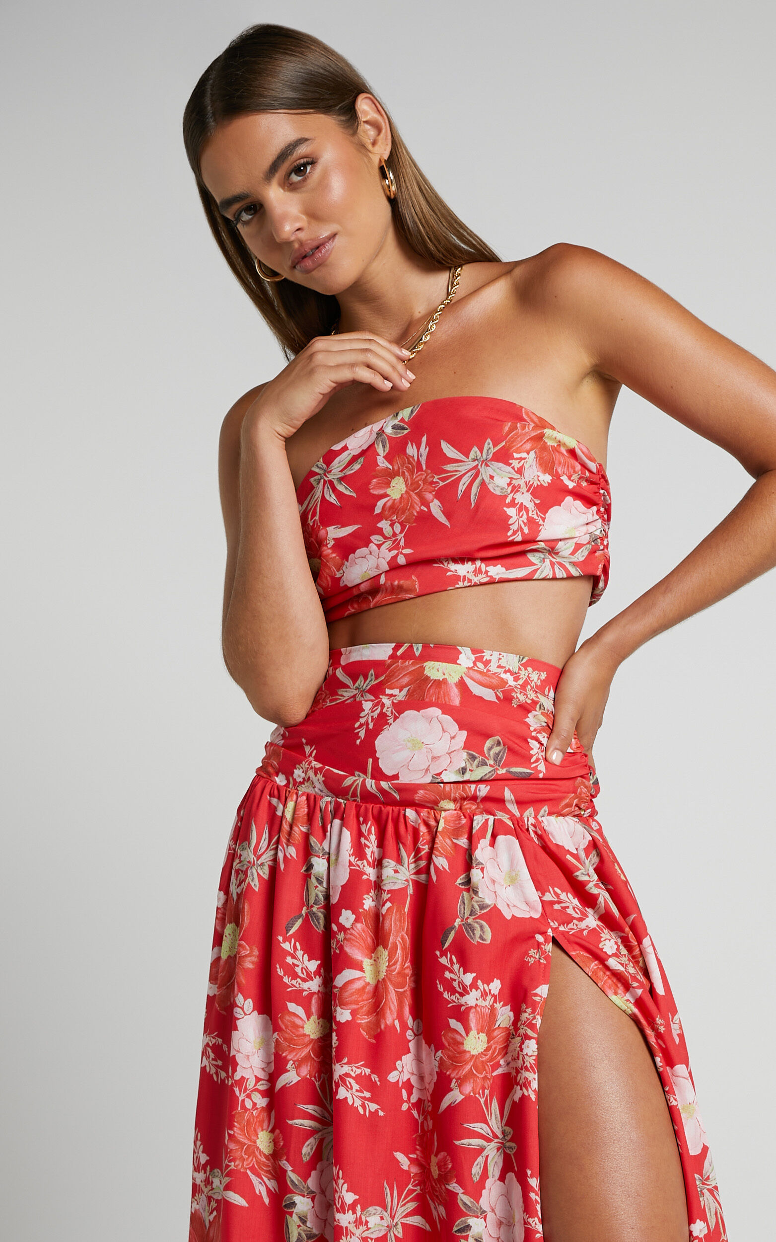 Viveca Two Piece Set - Bandeau Crop Top and Drop Waist Maxi Skirt in Rosie  Floral