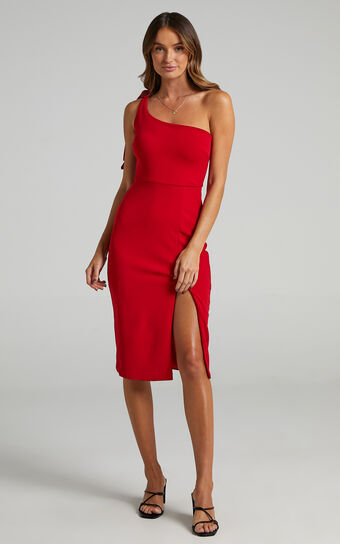 I Got A Feeling Midi Dress - One Shoulder Side Split Dress in Red