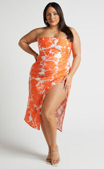 Brailey Midi Dress - Thigh Split Strapless Dress in Orange & White Jacquard