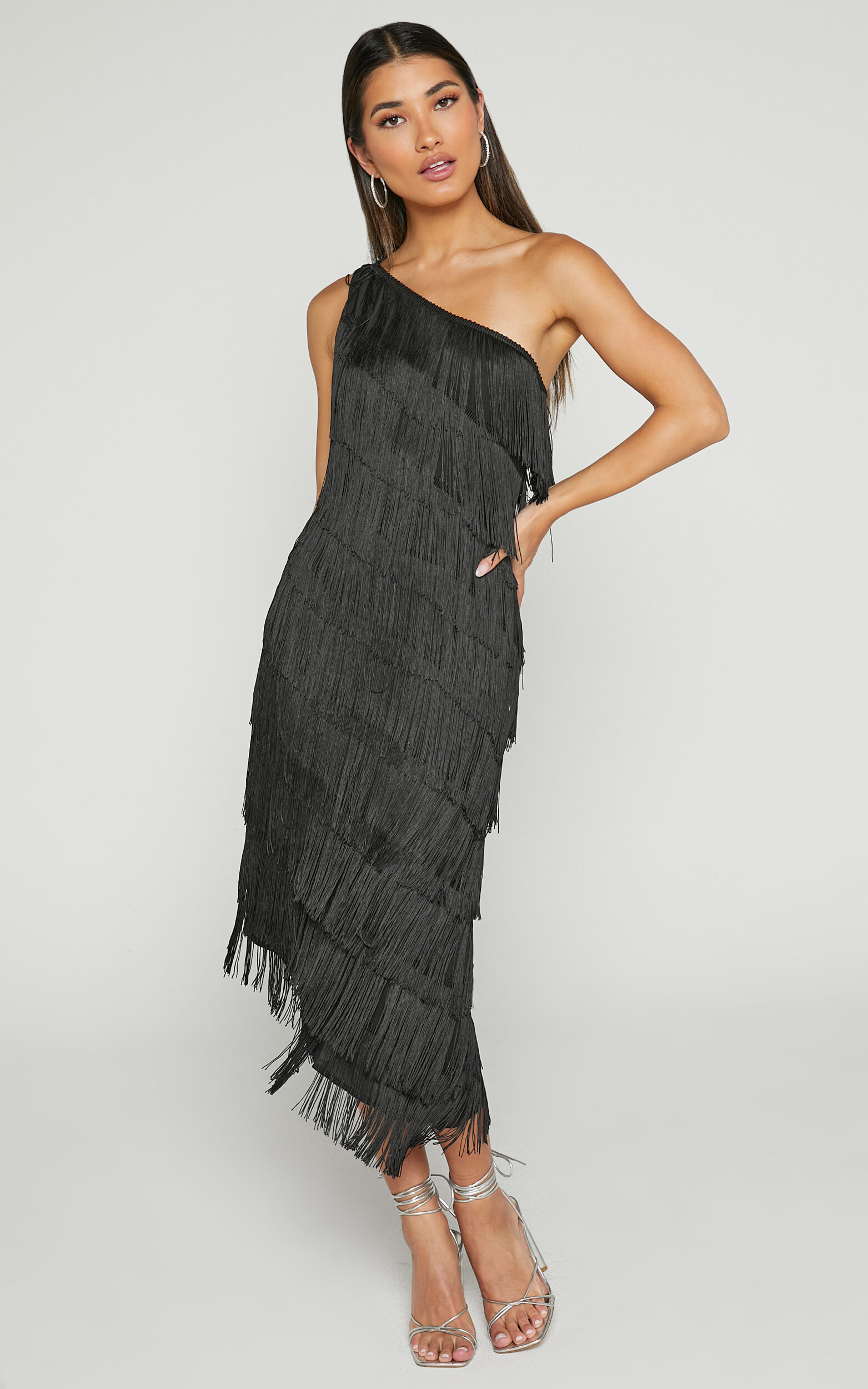 Odette Midi Dress - One Shoulder Fringing Detail in Black - 04, BLK1