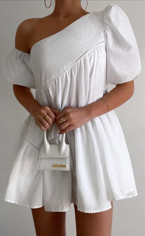 Harleen Mini Dress - Asymmetrical Trim Puff Sleeve Dress in White