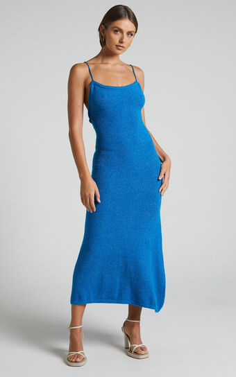 Yurika Midi Dress - Knit Open Back Dress in Blue