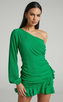 Paige One Shoulder Frill Hem Wrap Skirt Mini Dress in Green